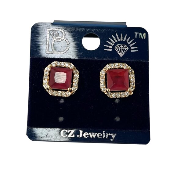 Elegant Ruby Red & Diamond-Look Halo Stud Earrings Gold-Tone Classic Fashion - Picture 2 of 6
